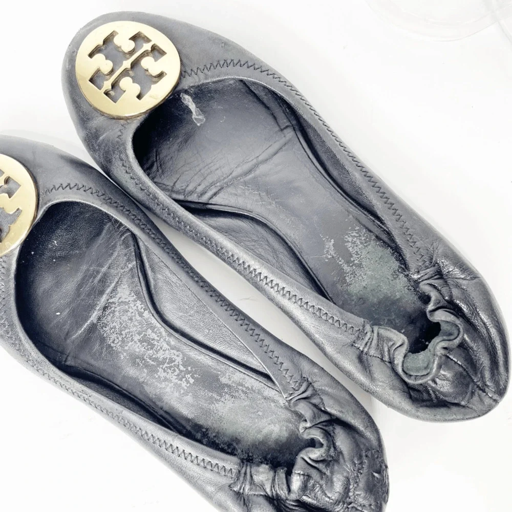 Tory Burch Reva Ballet Flat Black Nappa leather gold medallion logo womens 8 - Picture 7 of 9